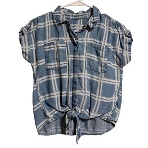 Wonder Nation Girls Blue Plaid Front Tie Button Down Shirt Size L 10-12